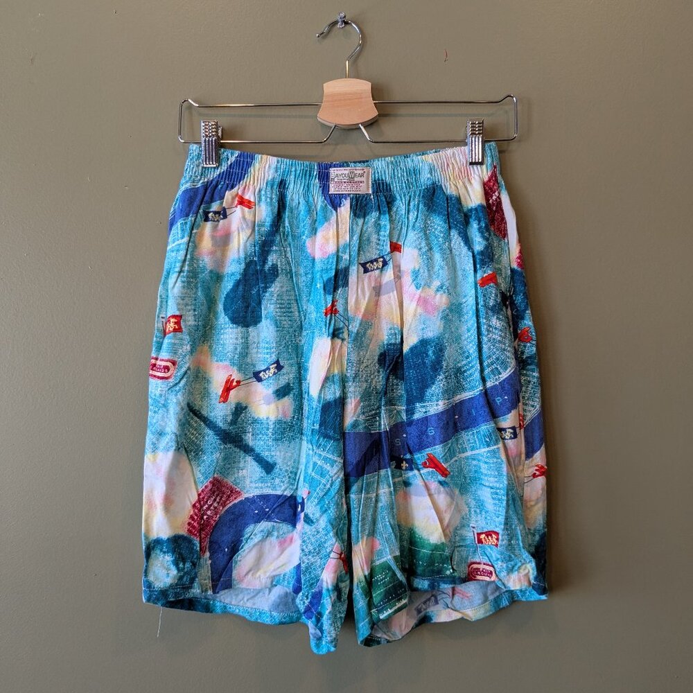 Vtg BayouWear Airplane Sky Blue Pull On Shorts Size Med Art 4 Now New Orleans